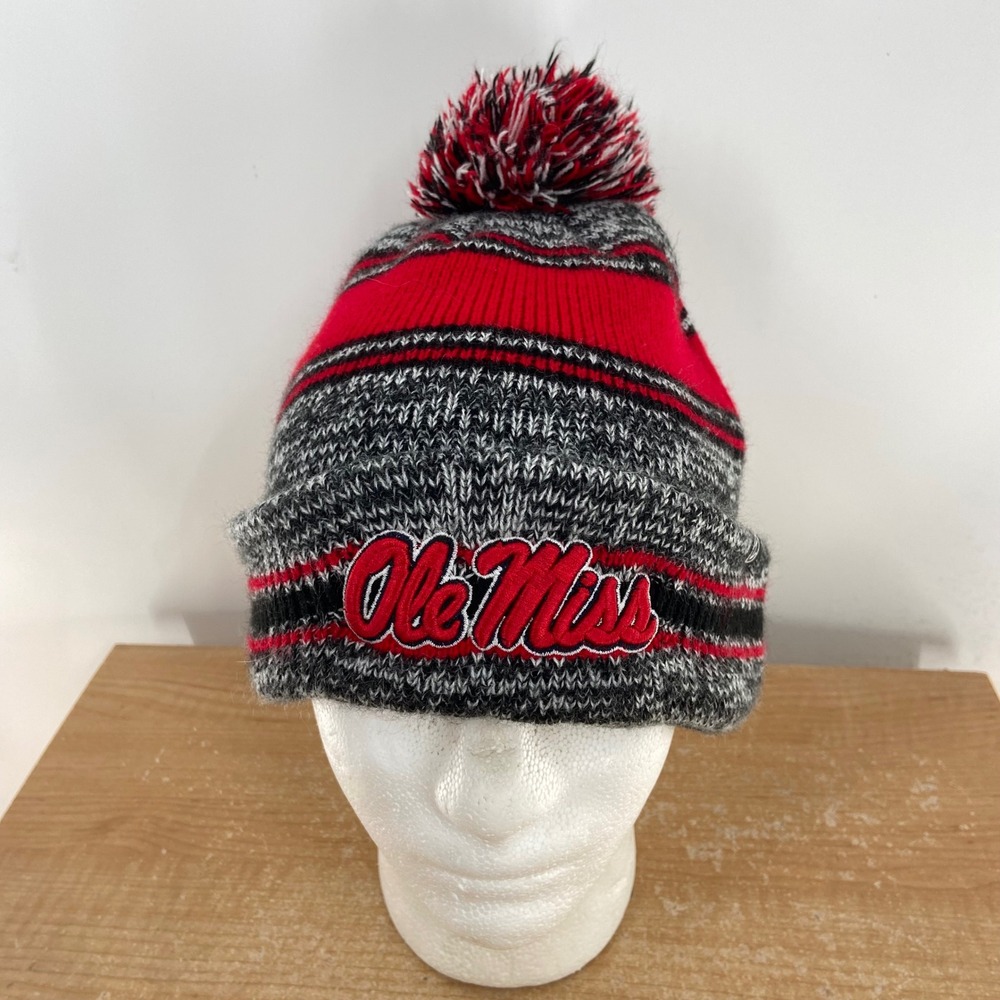 Zephyr Ole Miss Rebels Beanie Hat Red Black Gray Striped Pom Pom Knit Cap NCAA